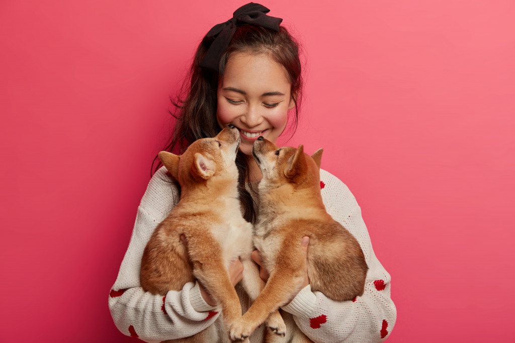 A volunteer holding two puppies