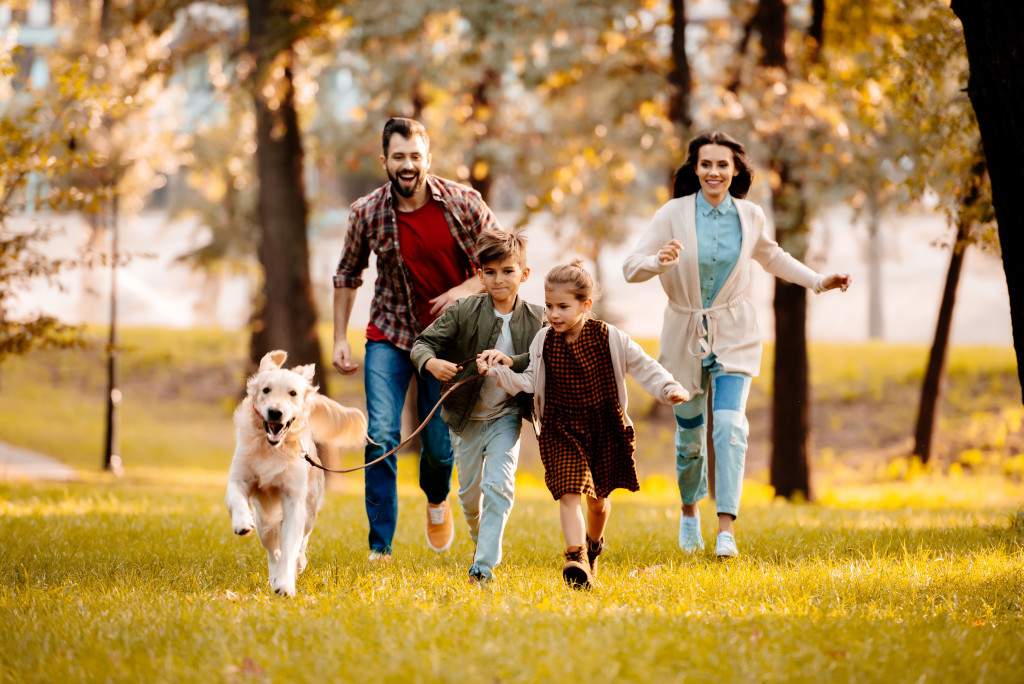 A family running with their dog in the park