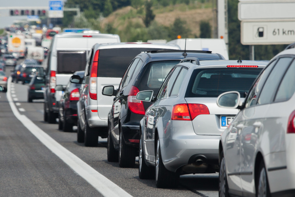 Lines of cars stranded on a congested road